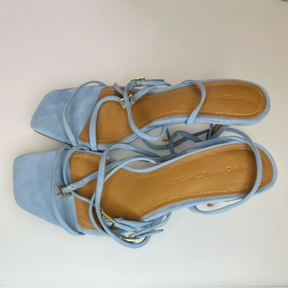Who What Wear Buckle Straps Heeled Sandals Blue Leather